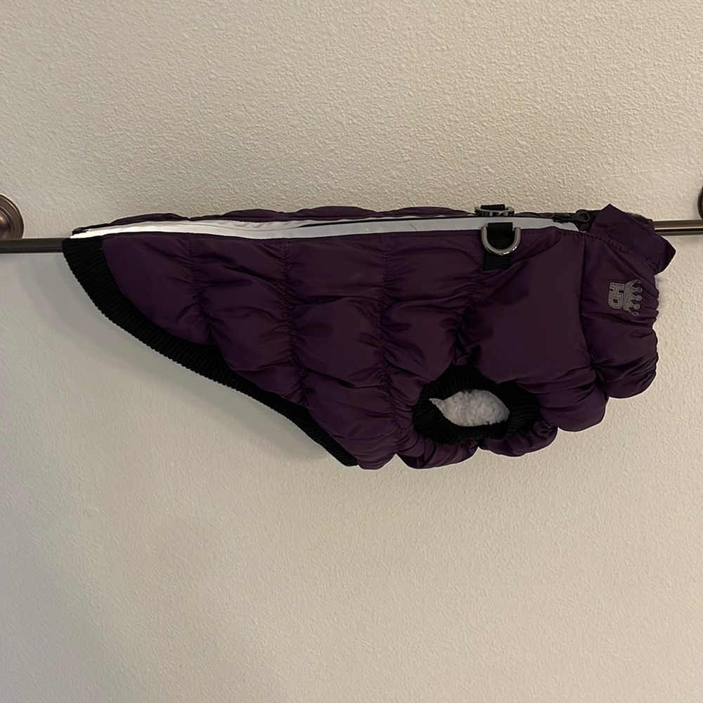 Dog lined puffer coat. Purple with silver reflective zipper.